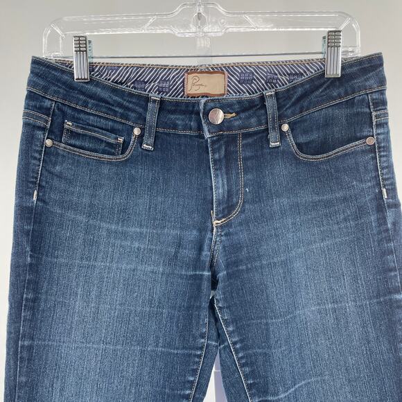 Paige Canyon Medium Dark Blue Wash Flare Leg Low Rise Denim Jeans W28 - Picture 4 of 14